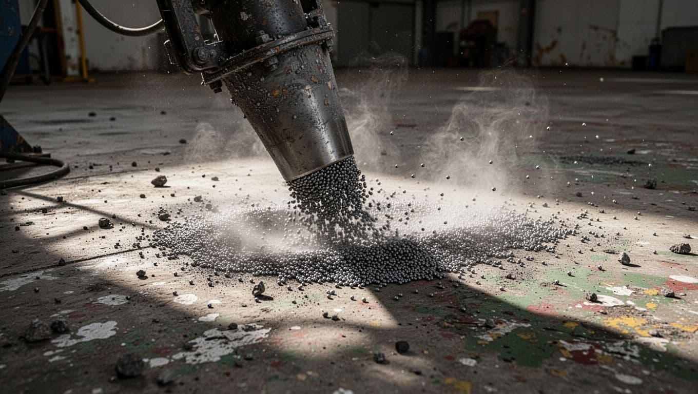 Close-up of a shot blasting machine in action on a contaminated concrete warehouse floor, aggressively removing old paint and contaminants with steel shot to create a textured profile, debris flying from the nozzle impact.