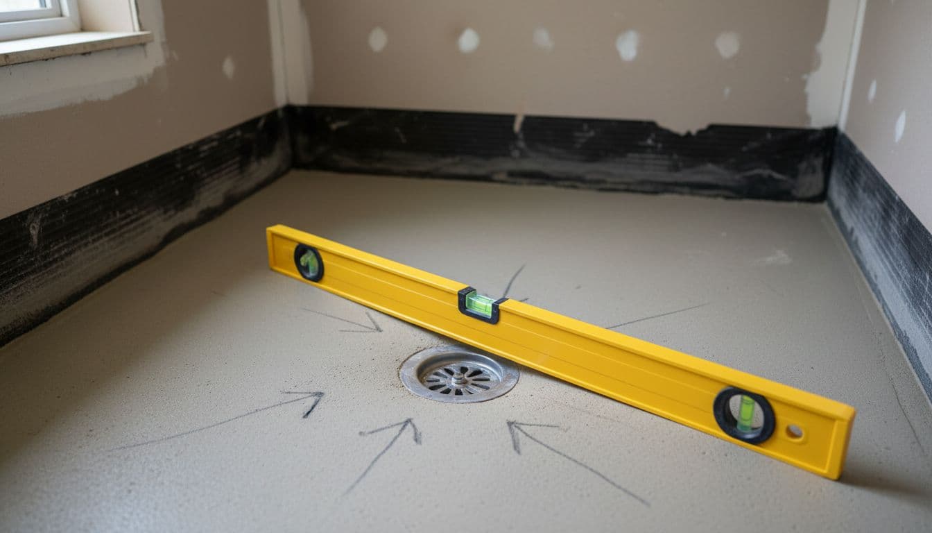 Photorealistic high-resolution photo of a partially finished bathroom shower stall construction site featuring a fresh mortar shower pan pre-tile with centered drain and waterproof liner. A 24-inch bubble level confirms proper slope toward the drain, with pencil markings indicating direction.