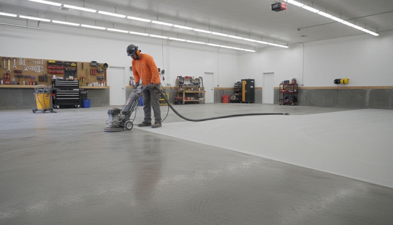 A single worker operates a walk-behind concrete floor grinder on a large empty garage slab, with dust vacuumed through an attached hose and a freshly profiled matte surface visible under bright overhead lights.