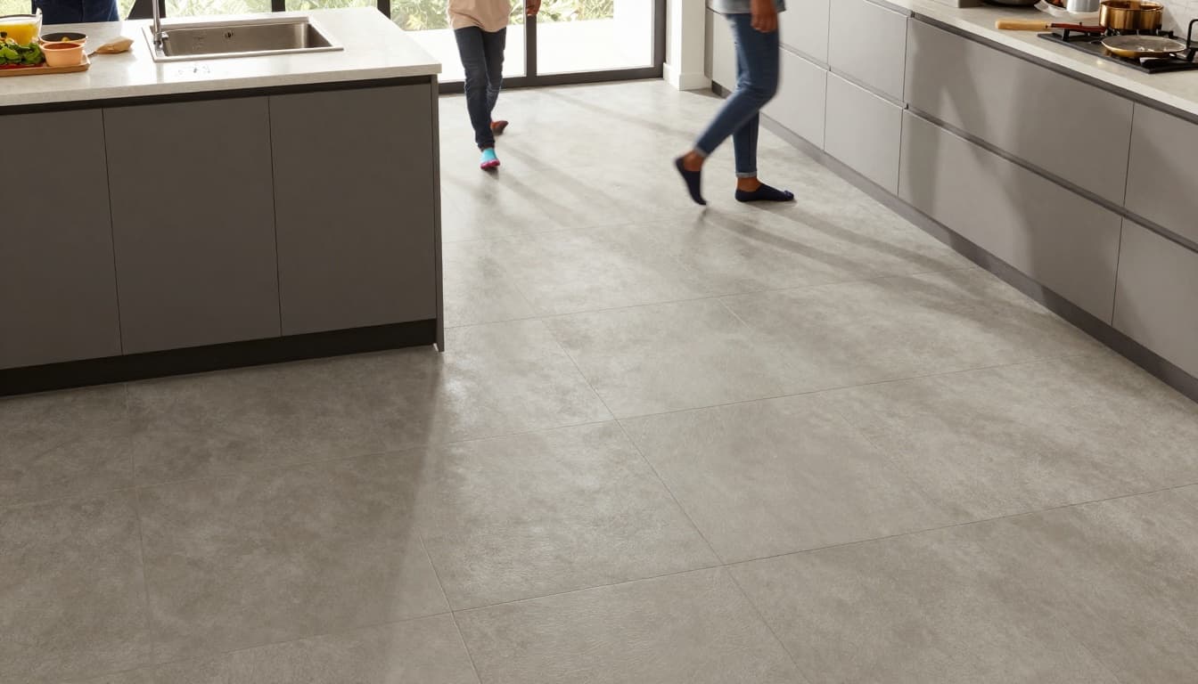 Photorealistic interior of a spacious contemporary kitchen during meal prep, highlighting the medium warm gray concrete-look porcelain tile floor around the island and sink with subtle anti-slip texture, water splashes, and family members walking safely in socks or shoes.