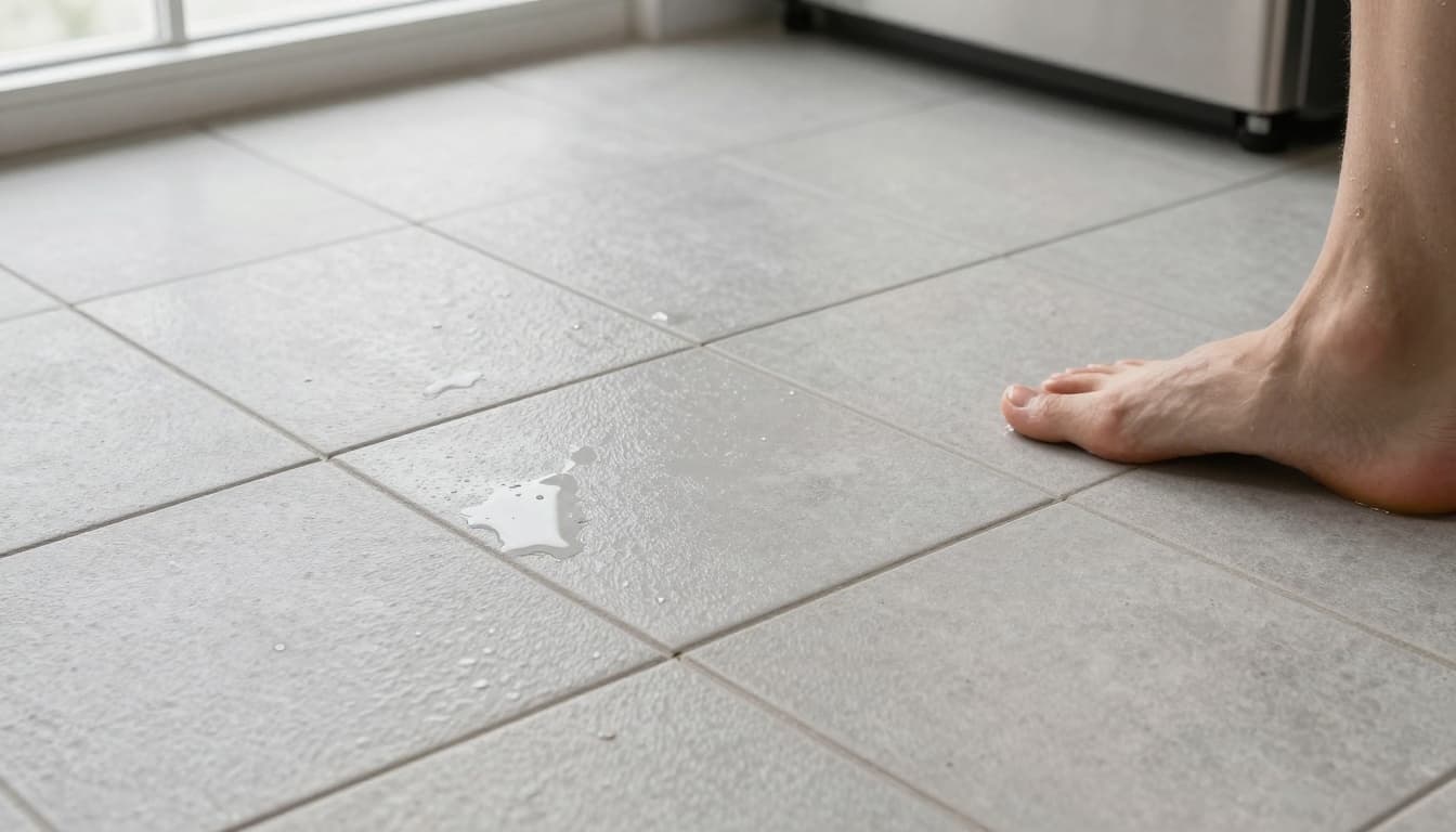 Photorealistic close-up of light gray stone-look slip-resistant porcelain tiles on a kitchen floor near a sink, featuring a matte textured surface with water beads, a small puddle, and a foot stepping firmly without slipping under natural lighting.