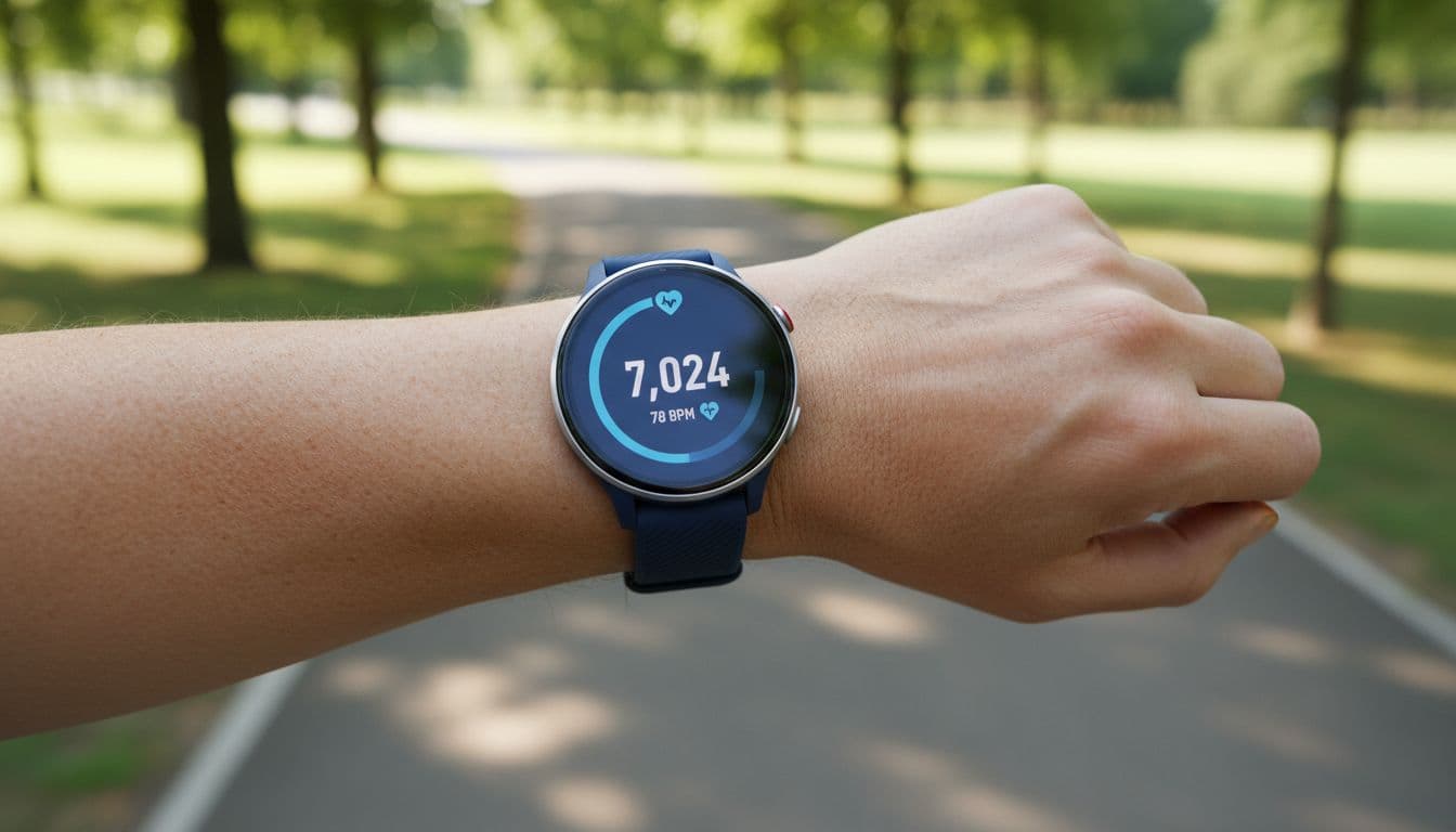 Photorealistic close-up of a smartwatch on a middle-aged wrist showing around 7000 steps during an outdoor park walk, with blurred natural background and sunlight, emphasizing heart health tracking.