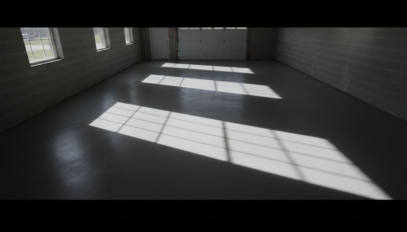 Freshly ground smooth concrete garage floor with even surface, light sheen, and long shadows from natural window light.