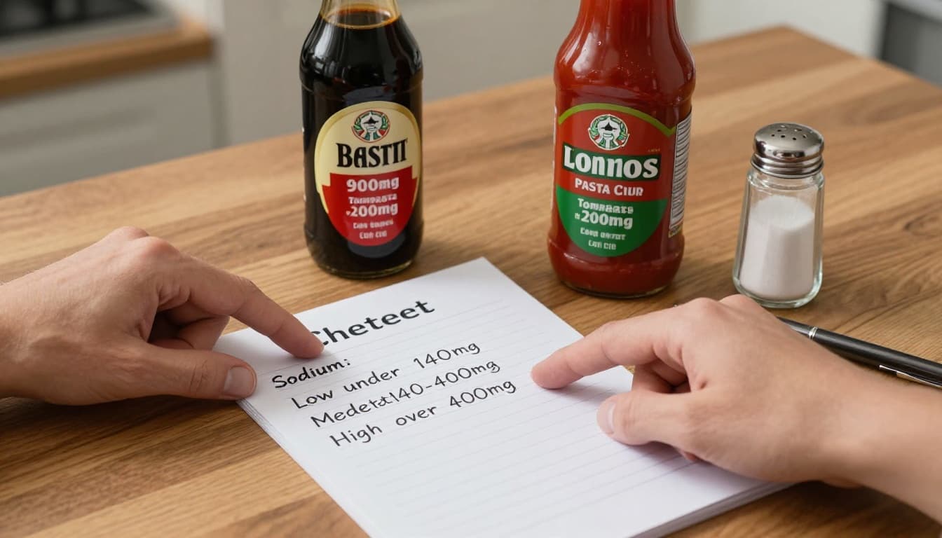 Photorealistic image of a wooden kitchen table with two hands pointing to a notepad cheat sheet listing sodium thresholds: low under 140mg, moderate 140-400mg, high over 400mg per serving. Nearby are high-sodium soy sauce (900mg per tablespoon, red highlight) and low-sodium tomato pasta sauce (200mg per quarter cup, green), with a pen and salt shaker pushed aside.