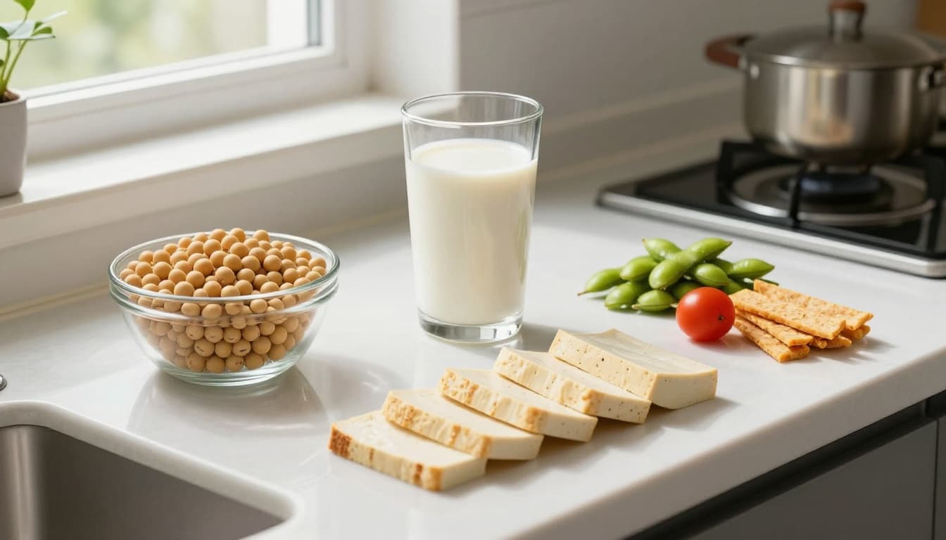 Photorealistic kitchen counter meal prep scene featuring glass of soy milk, bowl of edamame, sliced tofu, and tempeh strips for 25g daily soy protein, with fresh vegetables in natural daylight.