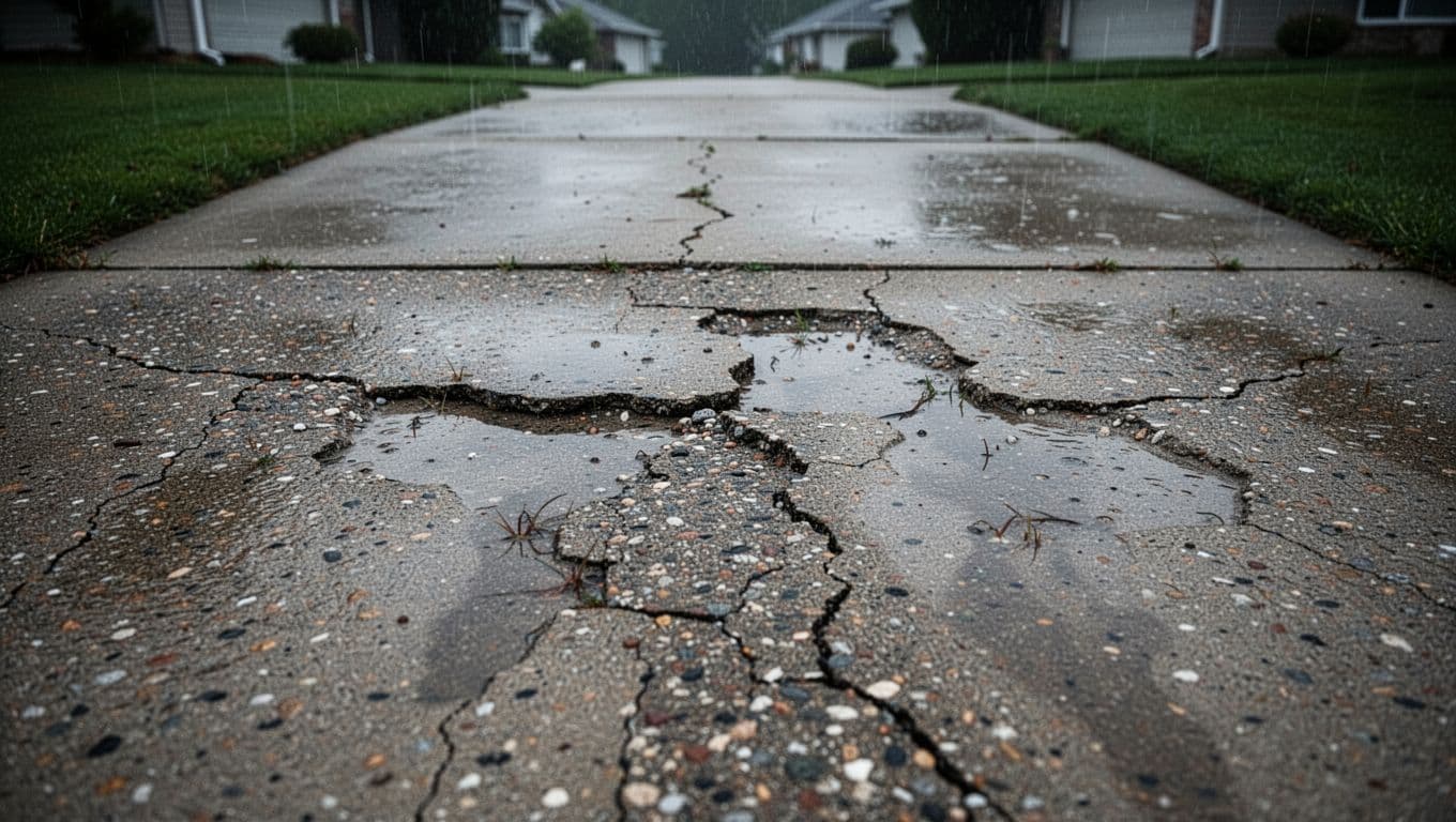 Close-up of spalling concrete on a residential driveway showing pitted, flaking surface with exposed aggregate, small cracks, and water stains on a rainy overcast day in a suburban setting.
