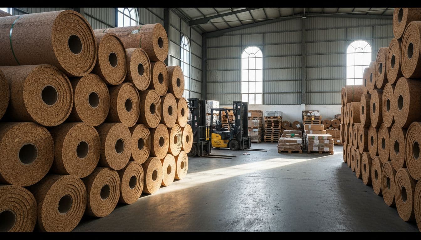 Stacked rolls of natural cork underlayment stored in a large warehouse with flooring materials, wooden pallets, and forklifts in the background under natural daylight from high windows.