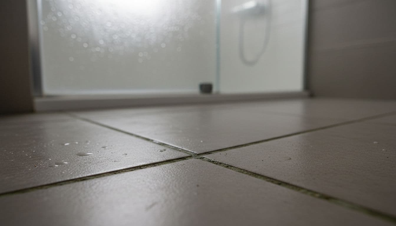 Close-up of bathroom tile grout with mild mildew in a steamy room