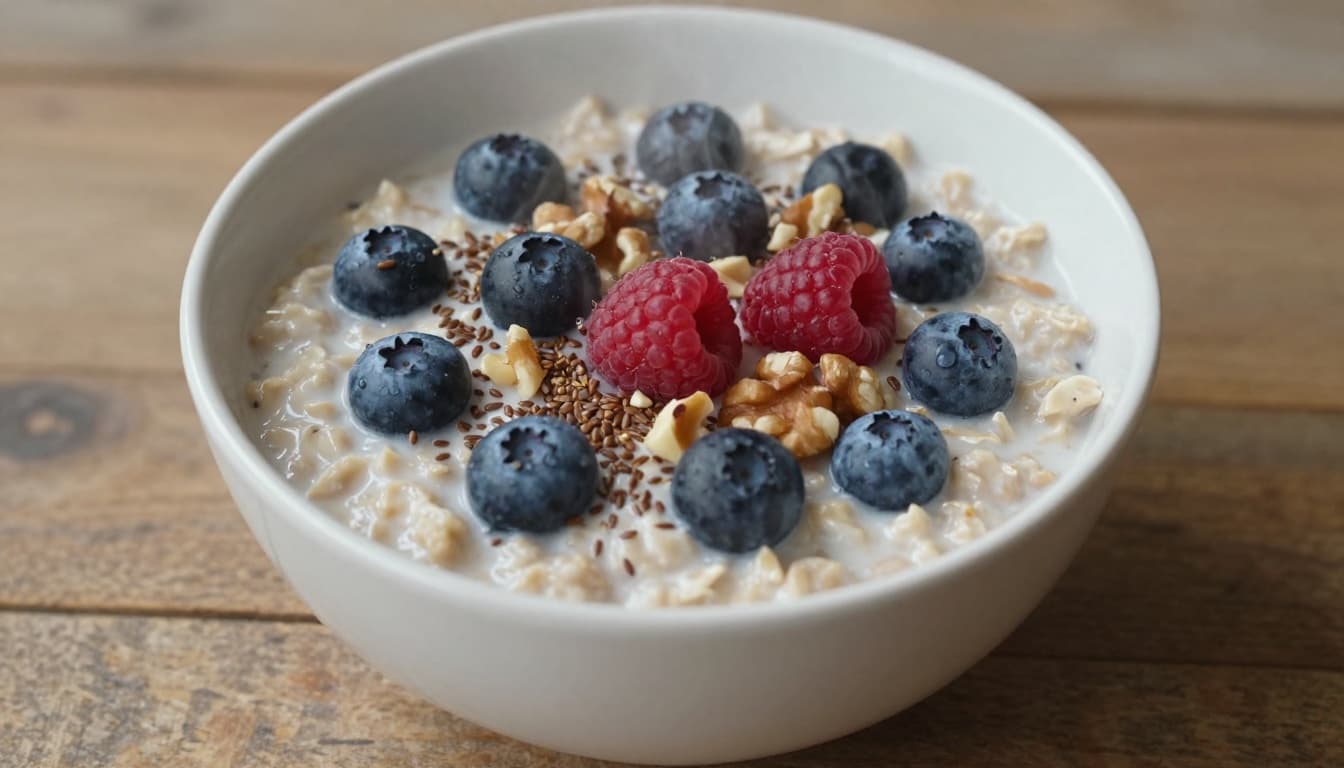 Photorealistic close-up of a steaming bowl of steel-cut oats topped with fresh blueberries, raspberries, ground flaxseed, and chopped walnuts on a rustic wooden table.