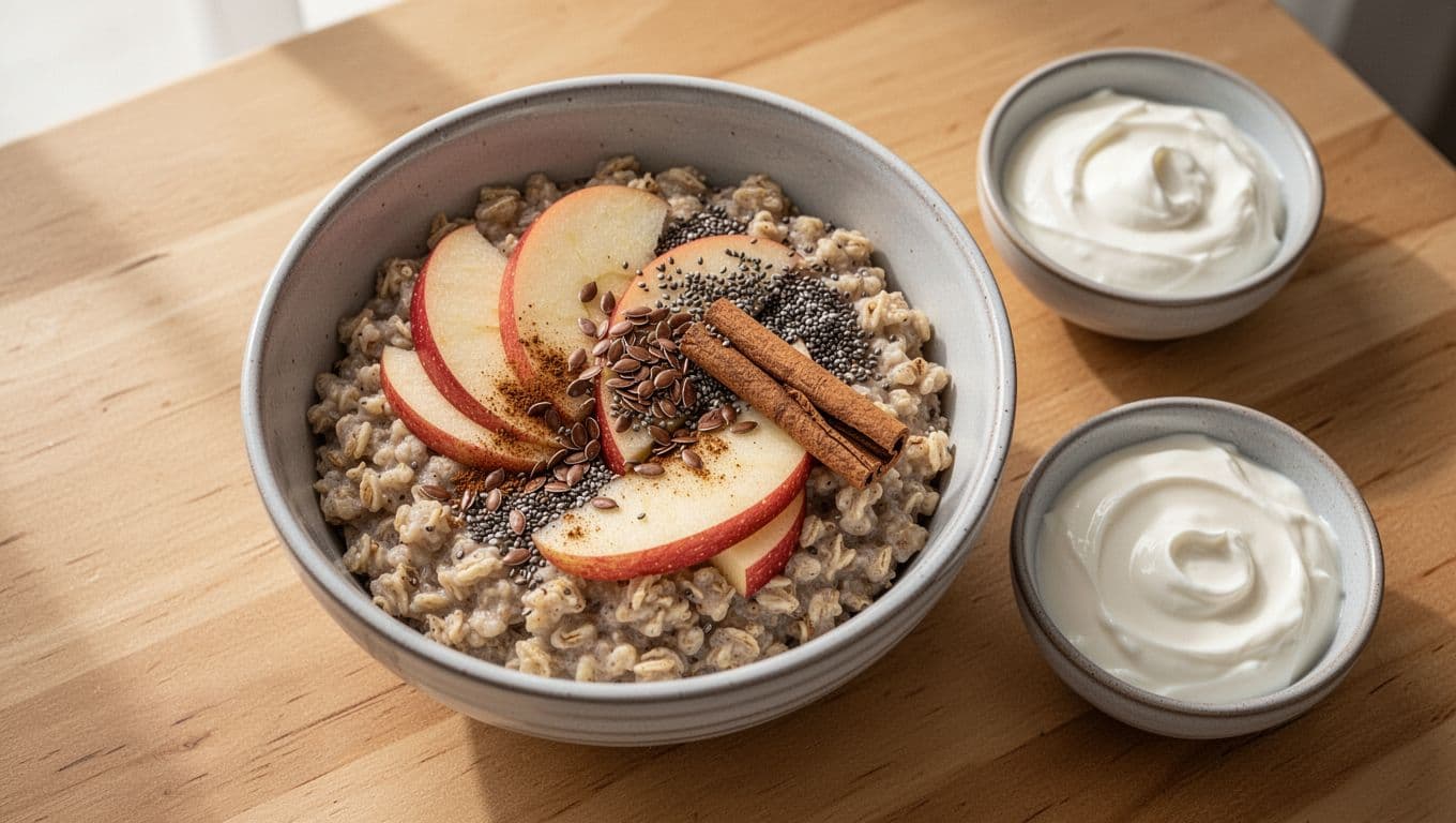 Photorealistic overhead shot of a breakfast bowl with steel-cut oats topped with sliced apples, flaxseed, chia seeds, and cinnamon, alongside a side bowl of Greek yogurt on a wooden table.