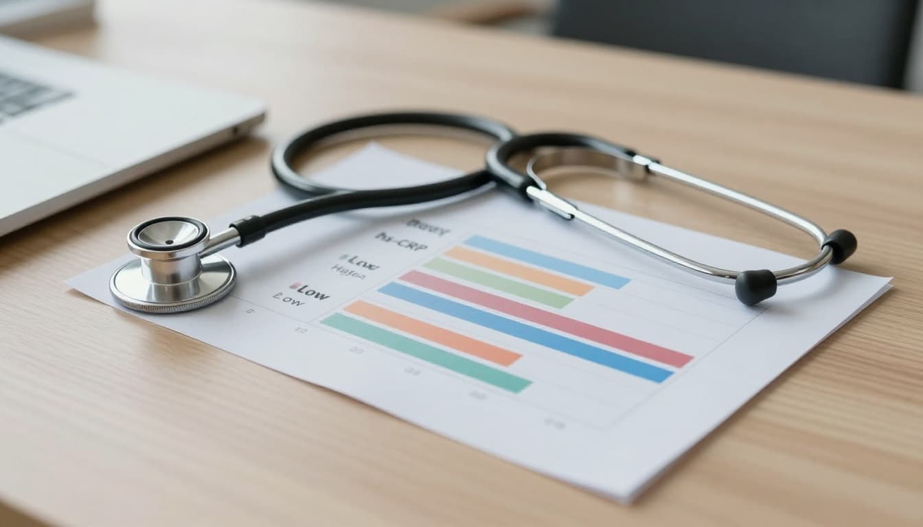 Photorealistic close-up in natural light of a stethoscope beside a simple color-coded chart showing low, average, and high hs-CRP zones on a clean wooden desk. Neutral tones with soft shadows and blurred modern office background.