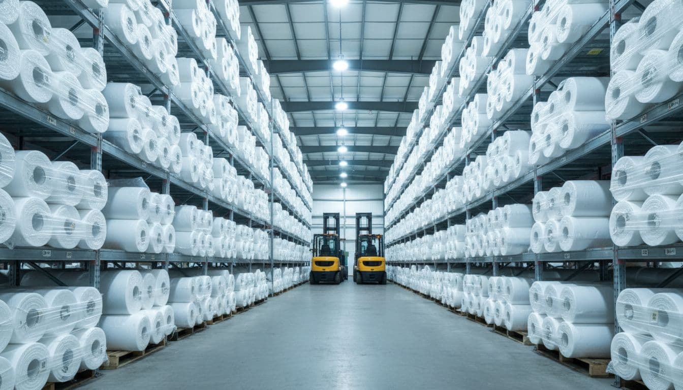 Warehouse shelves stocked with rolls of white IXPE foam underlayment for flooring in an industrial setting, with forklifts in the background under bright overhead lighting. Realistic photo style, no people, no text, no logos.