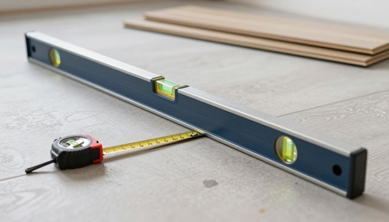 Photorealistic high-resolution image of a straightedge spanning a subfloor, revealing a gap indicating out-of-flat condition for LVP installation, with feeler gauge probing nearby and planks ready in the background.