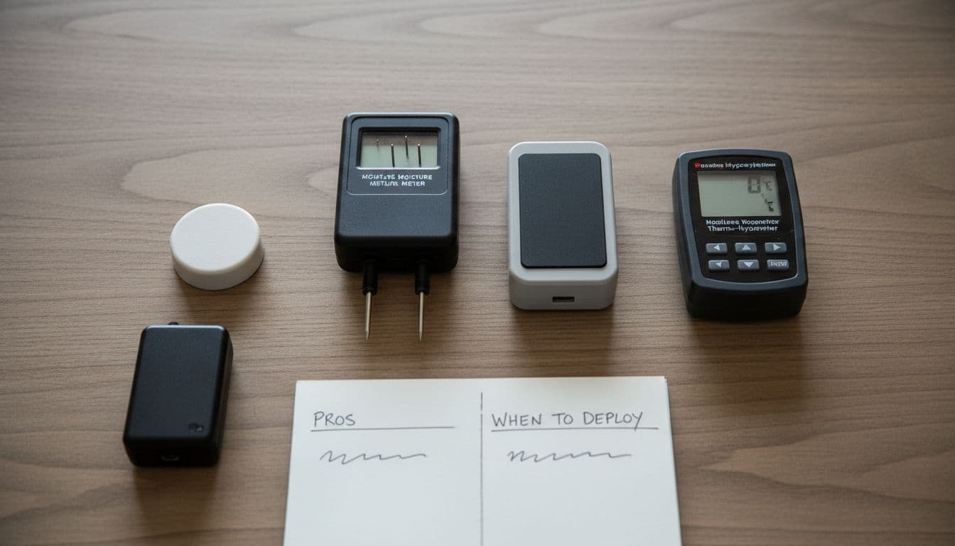 Photorealistic high-resolution flat-lay landscape of moisture sensing tools for subfloor diagnostics: pin-type wood moisture meter, pinless meter, sensor puck, data logger, and hygrometer on a wooden table with a notepad featuring pros, cons, and deployment notes.