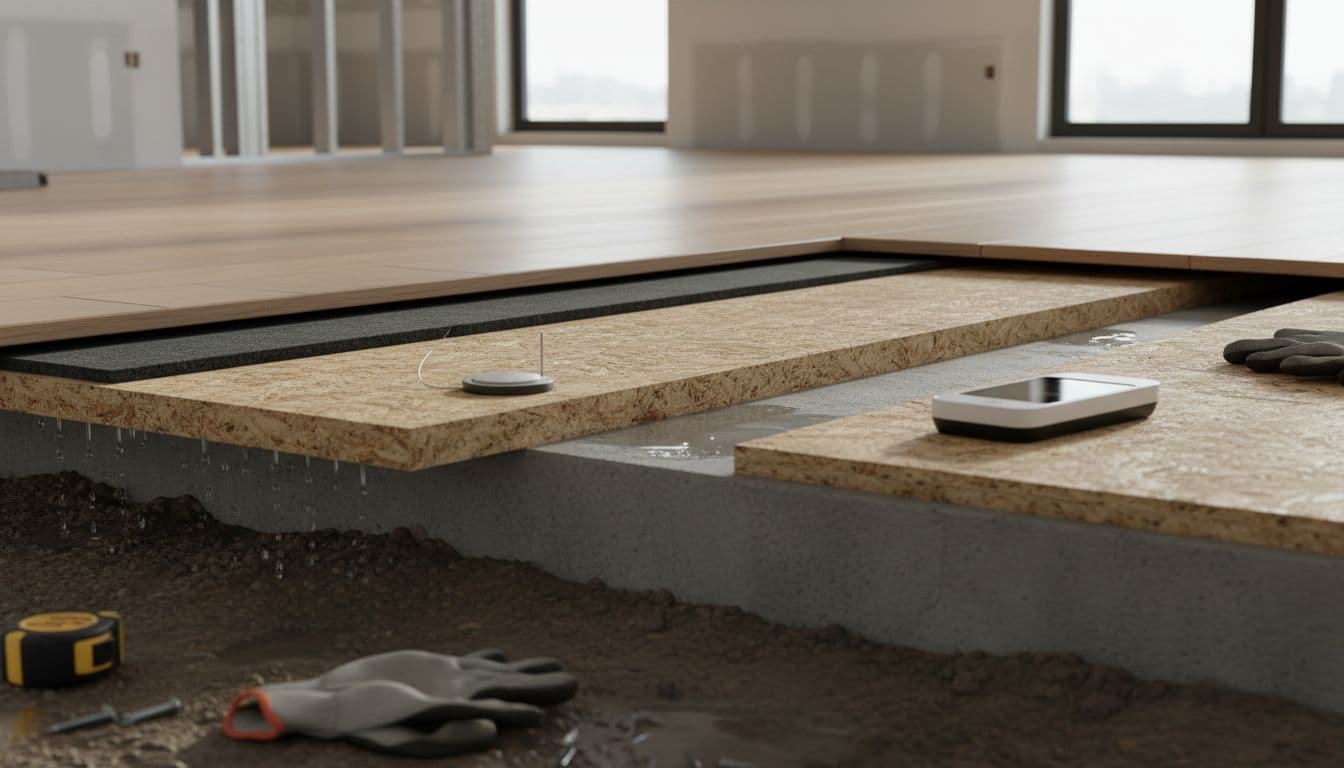 Photorealistic high-resolution cross-section view of modern home flooring layers including hardwood, underlayment, subfloor, and concrete slab with embedded moisture sensor and wireless reader.