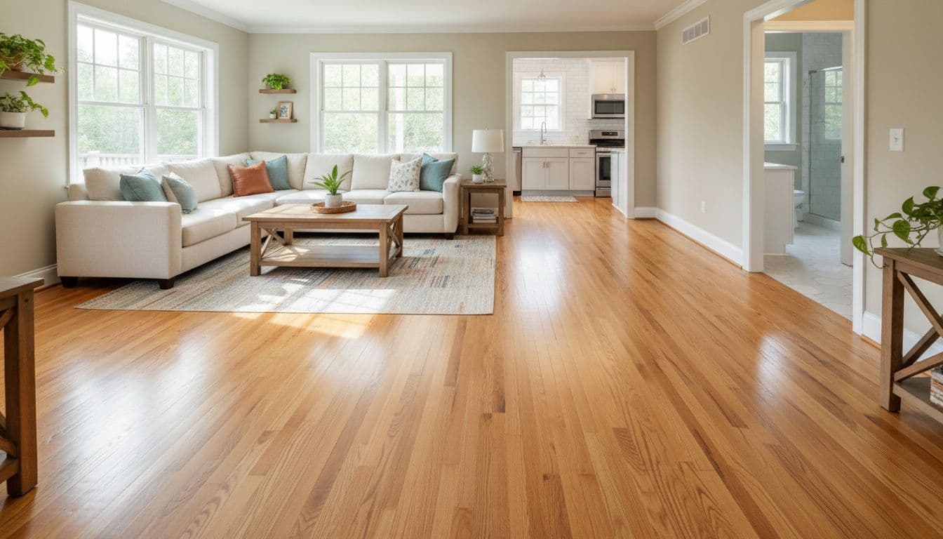 A cozy family living room in suburban Georgia featuring freshly installed solid hardwood floors, open kitchen and bathroom with bright tile work, abundant natural sunlight, and neatly arranged furniture in a realistic photographic style.