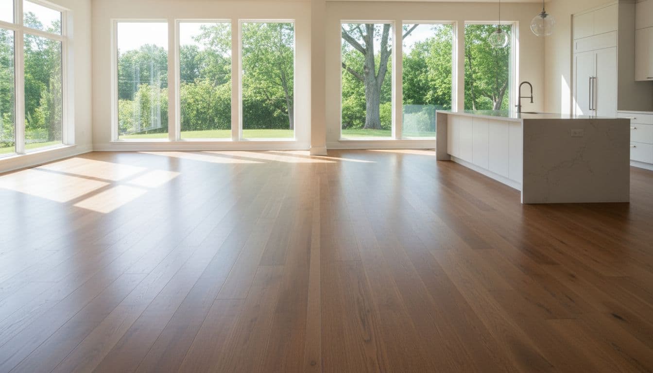 Sunlit kitchen with large windows showing comparison of satin finish hardwood reflecting glare next to matte finish absorbing light evenly, modern home interior, realistic photo, no people, natural sunlight, no text, no watermarks.