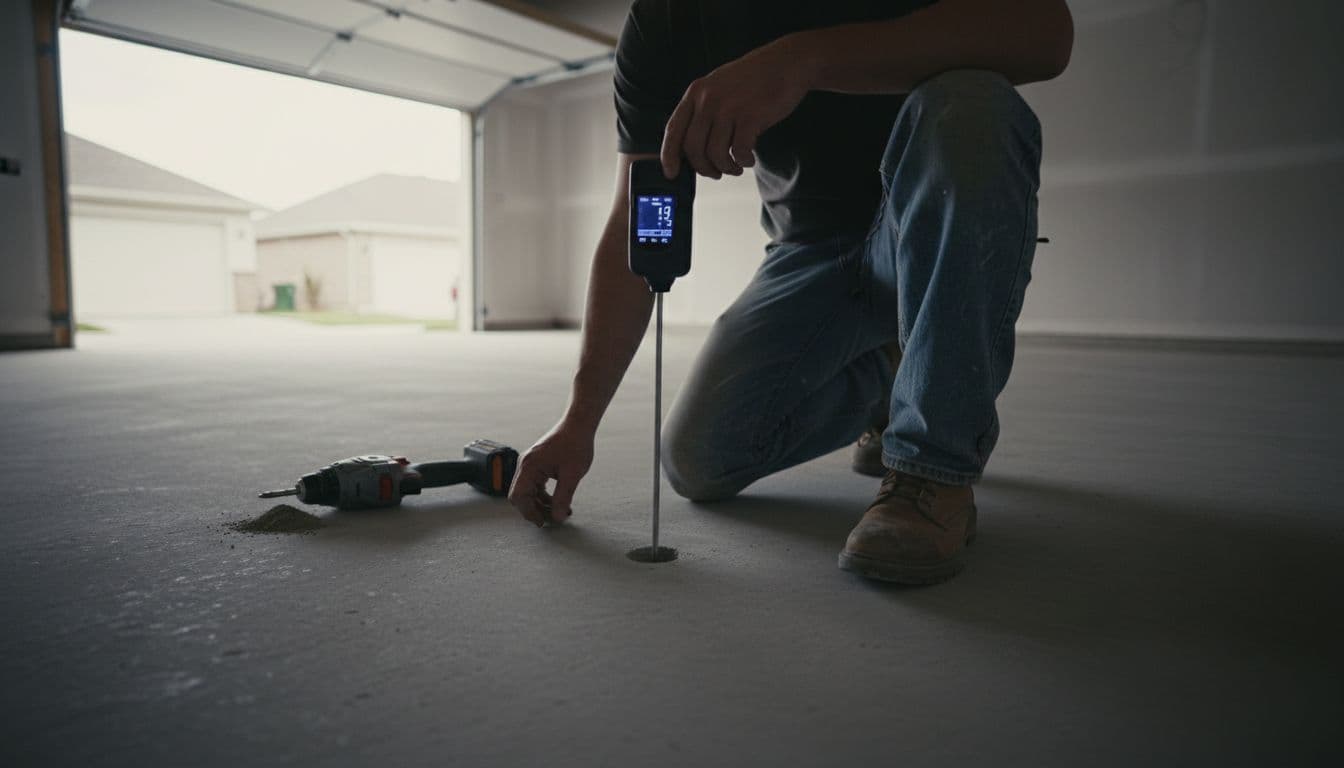 Technician kneeling on a fresh gray concrete slab in an empty garage, using a digital moisture meter with probe inserted into a drilled hole for relative humidity test. Work boots, jeans, and nearby tools like a drill are visible, in cinematic style with dramatic lighting from overhead garage door.