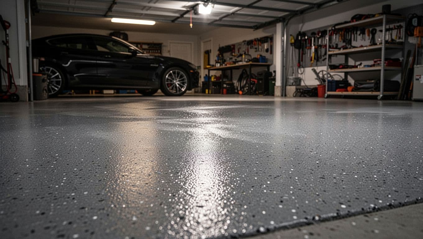 Close-up of a clean garage concrete floor with slip-resistant epoxy coating and textured aggregate surface for traction, oil stains wiped clean, car parked nearby, tools on shelves in background, cinematic style with dramatic lighting and warm gray tones.