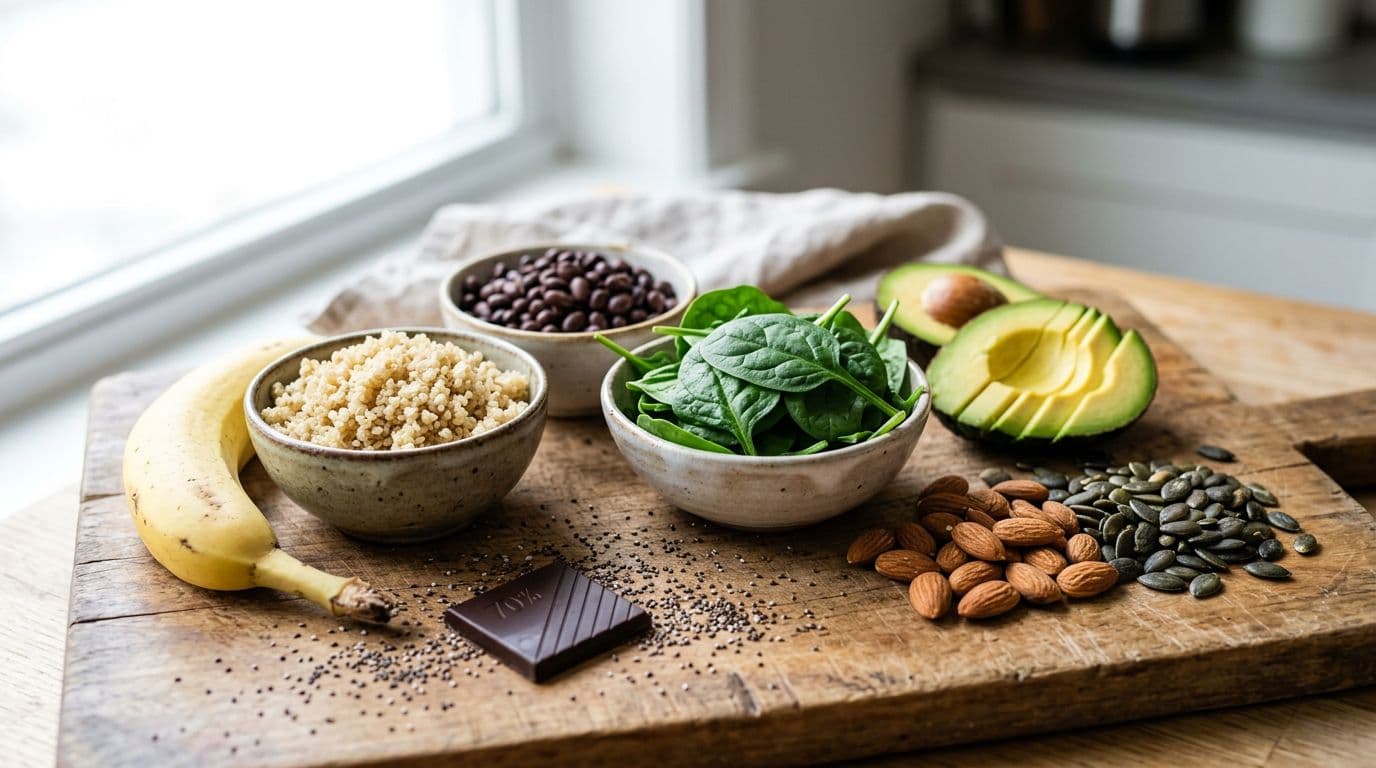 Photorealistic close-up of magnesium-rich foods on a wooden board, featuring almonds, pumpkin seeds, sliced avocado, spinach leaves, cooked quinoa, black beans, banana, dark chocolate, and chia seeds, lit with bright natural window light.