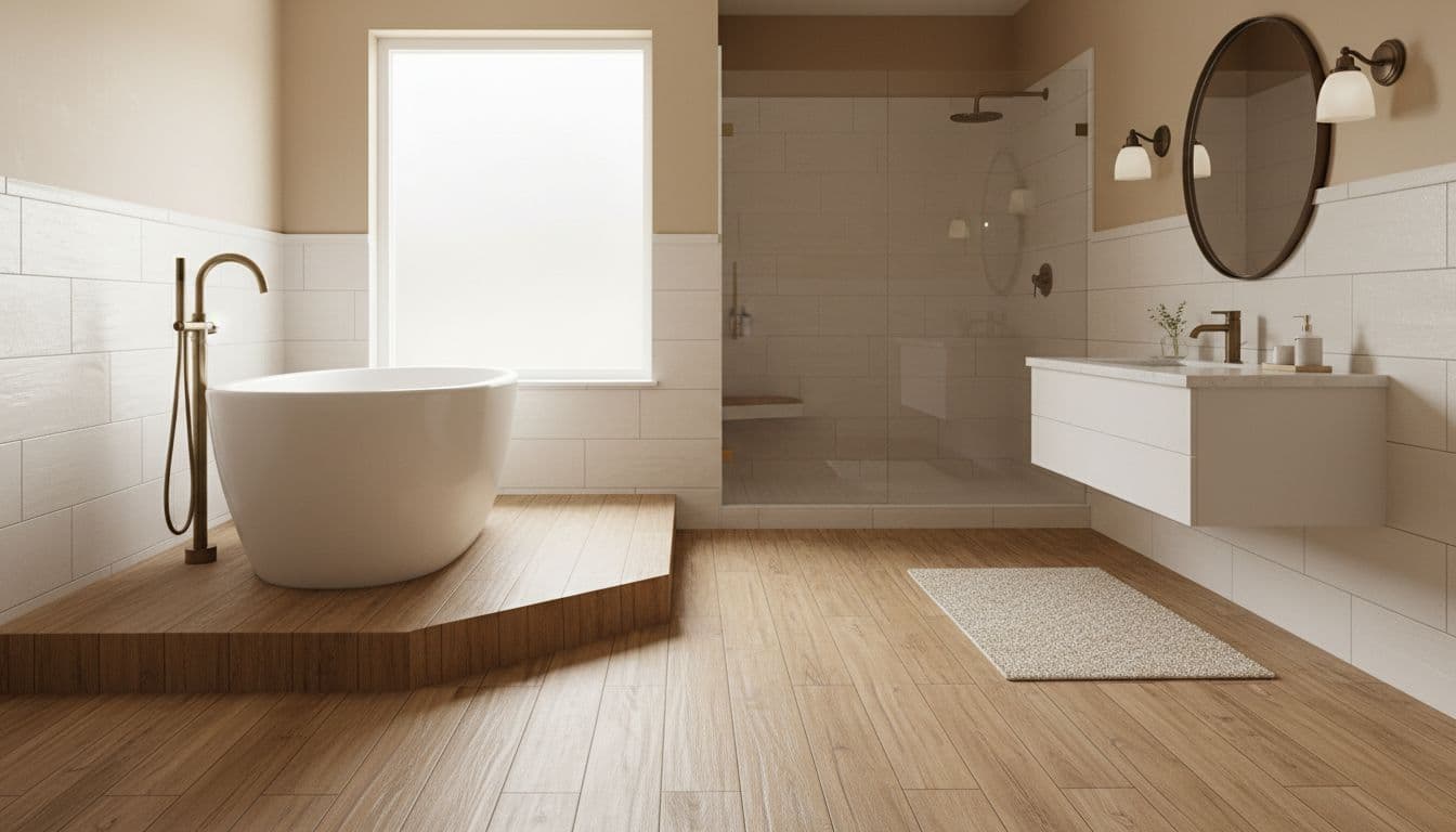 Transitional bathroom with waterproof laminate