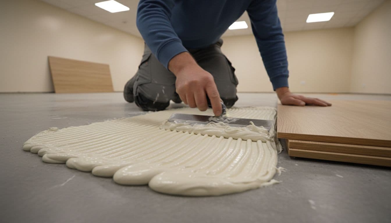 A single installer trowels silane adhesive onto a subfloor in a clean modern commercial room with soft overhead lighting, preparing for resilient luxury vinyl plank flooring installation, featuring detailed textures on adhesive ridges and LVP edges.