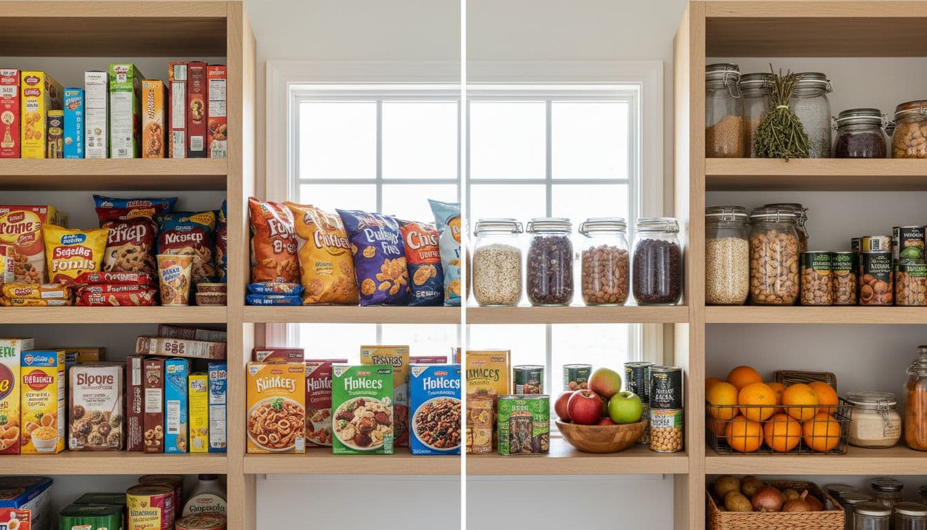 Photorealistic kitchen pantry split comparison: left side stocked with ultra-processed foods like colorful cereal boxes, chips bags, and frozen meals; right side filled with whole foods such as oats in jars, fresh apples, nuts, and cans of beans on modern wooden shelves with natural window light.
