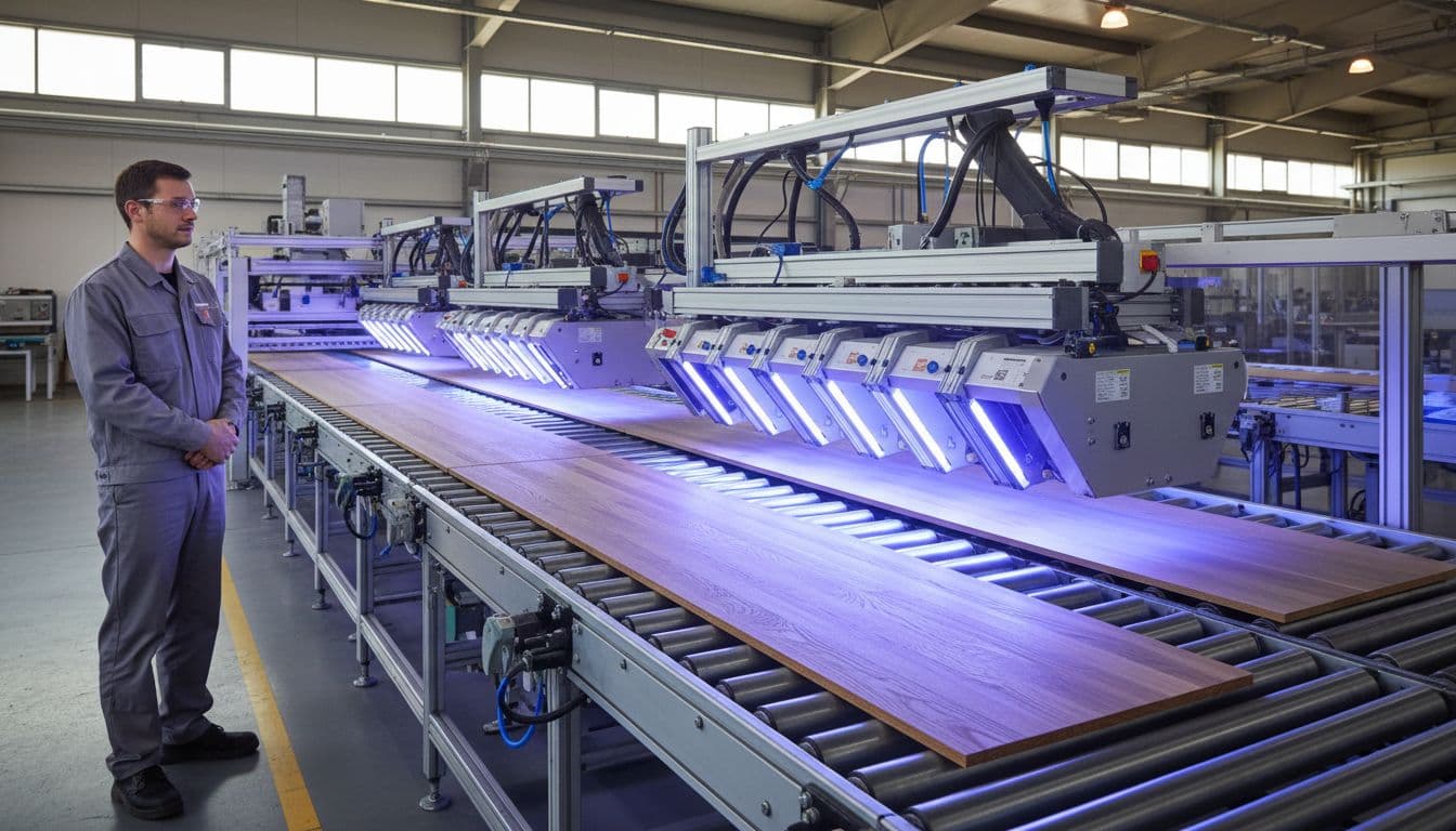 Modern factory production line with hardwood flooring boards passing under UV LED curing lamps on conveyor belts in a bright industrial setting, one worker monitoring nearby.