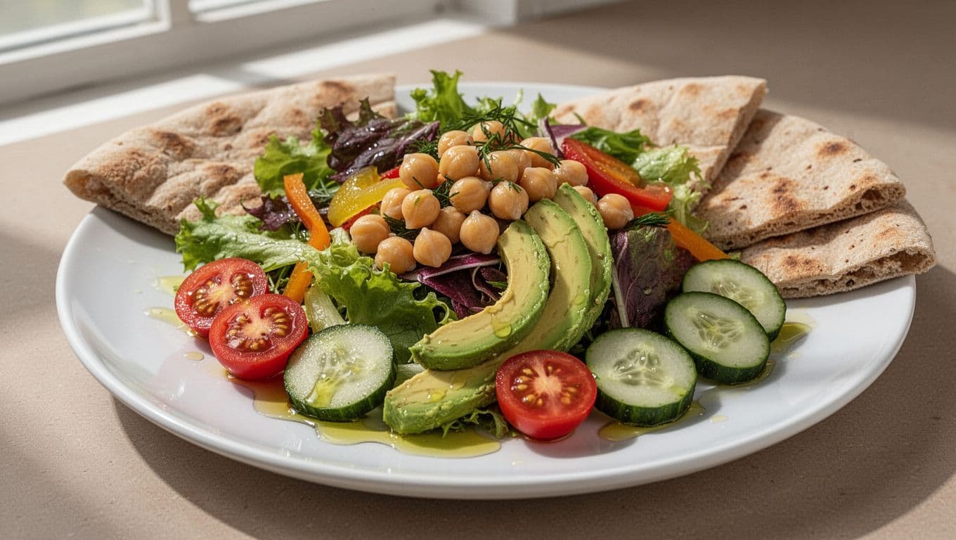 Photorealistic food photography of a vibrant lunch plate with mixed greens salad, chickpeas, sliced avocado, cherry tomatoes, cucumber slices, drizzled with olive oil lemon dressing, and whole-grain pita on the side. Natural daylight, shallow depth of field, editorial magazine style with realistic textures.
