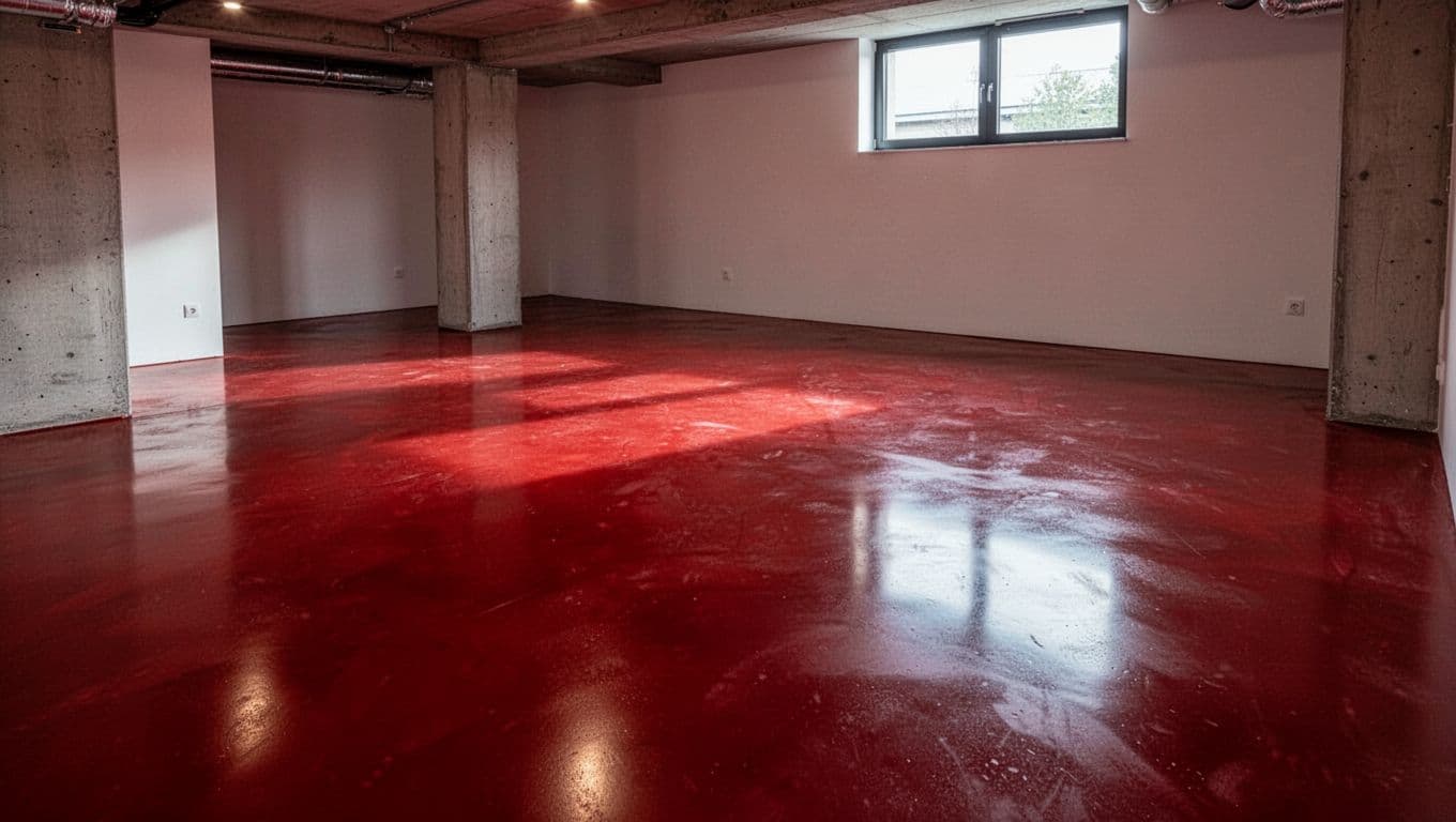 Wide shot of an empty modern basement room showcasing a smooth polished concrete floor uniformly dyed in bold deep red with subtle translucent depth and even saturation. Cinematic style with dramatic window lighting, strong contrast, and depth highlights the vibrant coloring effect of concrete dye.