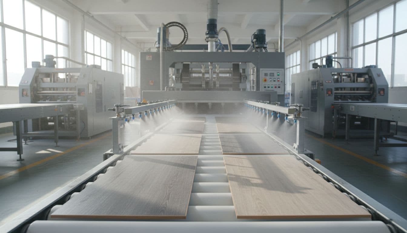 Modern flooring factory interior with conveyor belt coating vinyl planks with antimicrobial additives, industrial machines in background, wide-angle view under natural daylight, realistic photo with detailed textures.