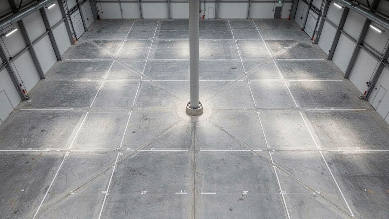 Overhead aerial view of a spacious indoor warehouse concrete floor with straight parallel and perpendicular expansion joints spaced every 20 feet, intersecting neatly at a central round support column.