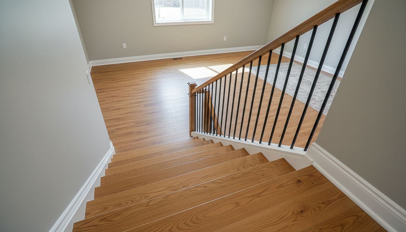 Ultra-realistic view from the top of stairs into a finished basement featuring matching warm oak luxury vinyl plank flooring on floors and stairs, crisp white risers, black metal balusters, and neutral gray walls with natural daylight.