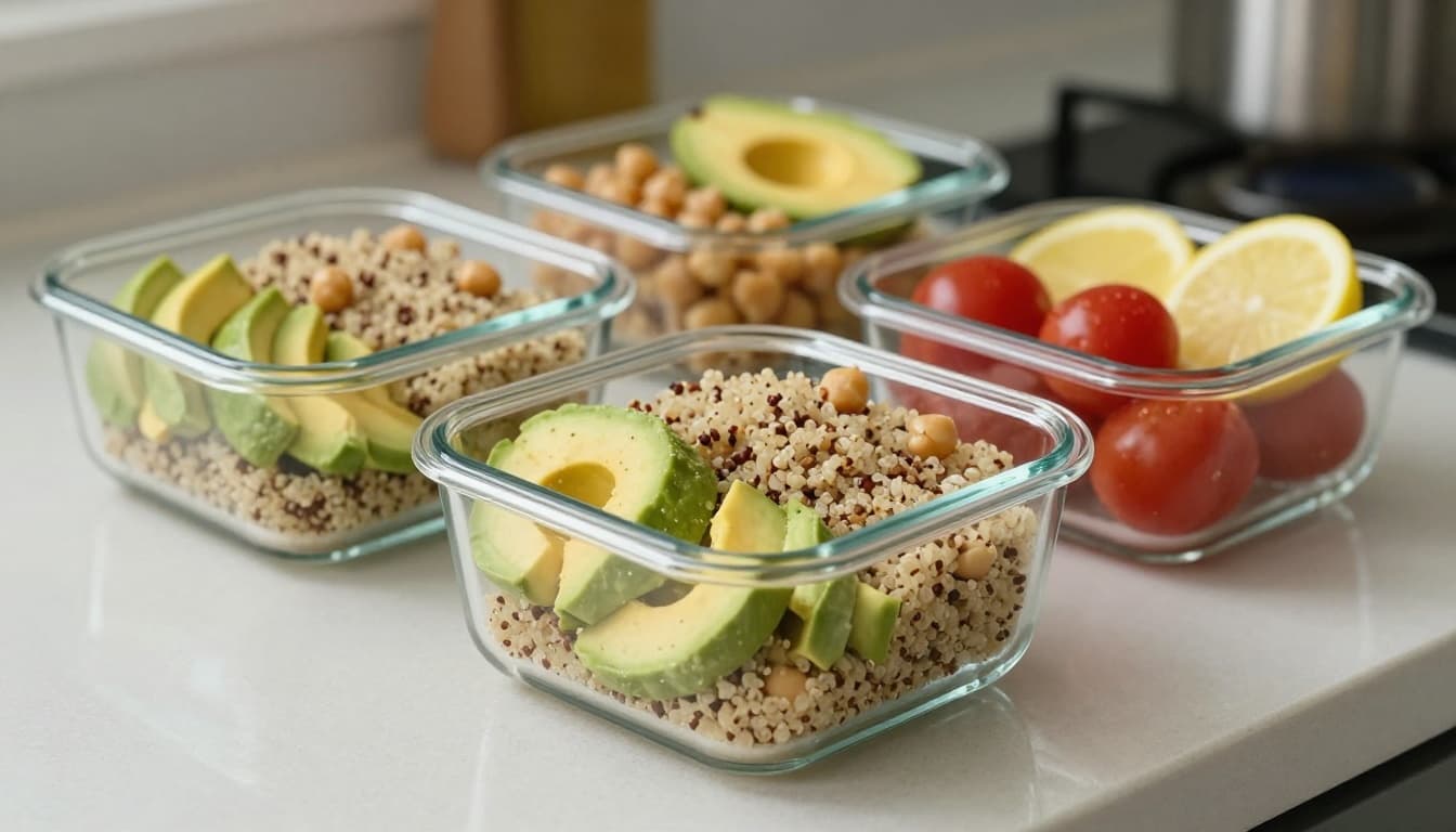 Photorealistic photo of a weekly meal prep bowl featuring avocado chunks, quinoa, chickpeas, tomatoes, and lemon slices in glass containers on a kitchen counter with soft natural light and realistic textures.