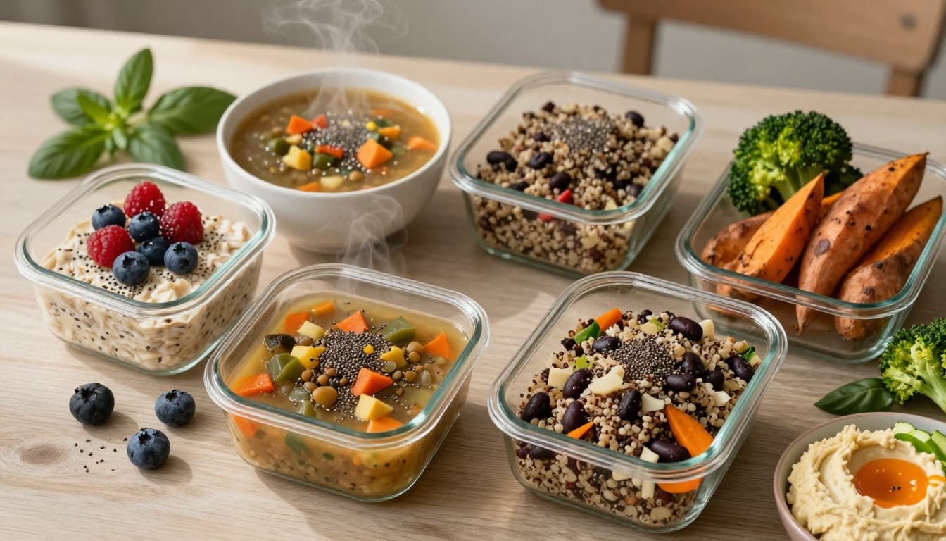 Overhead shot of a weekly meal-prep table with labeled glass containers filled with overnight oats with berries and chia seeds, lentil-vegetable soup, quinoa black bean salad, roasted broccoli and sweet potatoes, hummus with sliced veggies.