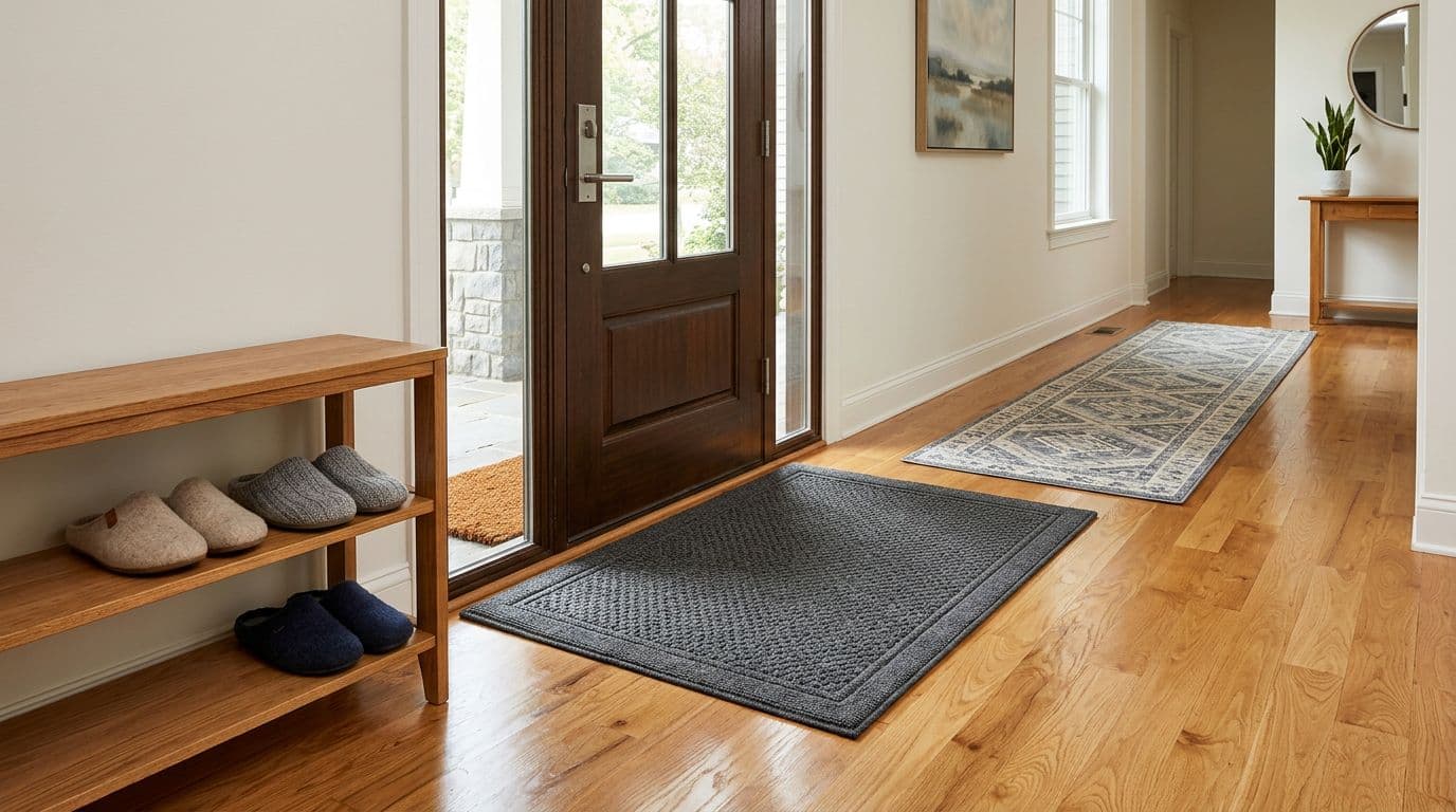 Photorealistic image of a welcoming home entryway with shiny hardwood flooring, double doormat system trapping dirt, hallway runner rug, and wooden shoe rack with slippers. Clean modern style, natural light, detailed textures, no people, clutter, or stains.