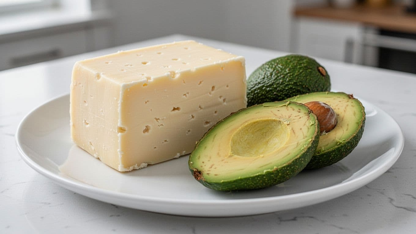 A block of whole-milk cheese beside fresh slices of ripe avocado on a white plate, captured in photorealistic food photography with natural daylight and shallow depth of field.