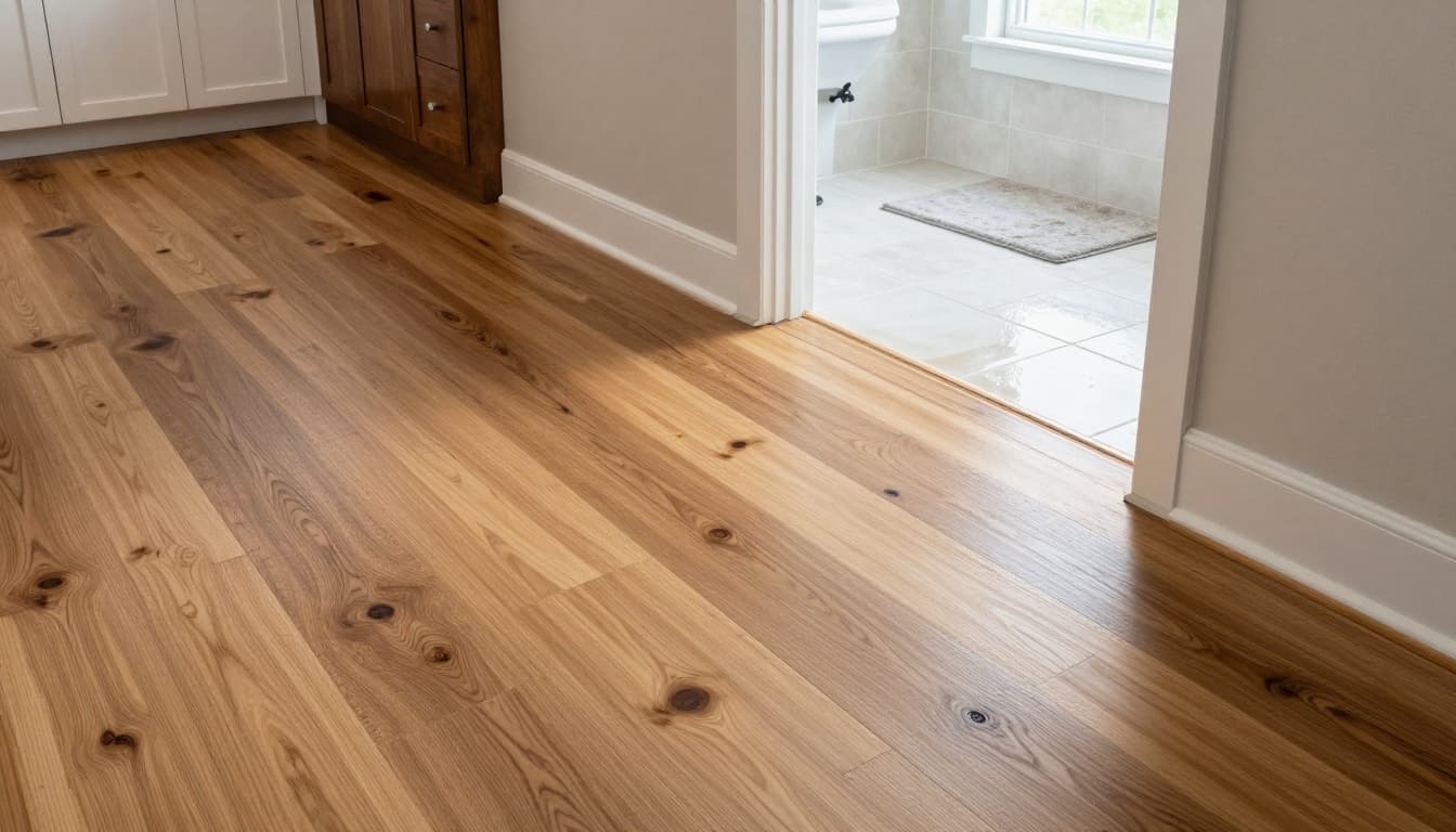 Bathroom doorway with oak floor outside tile area and a bath mat