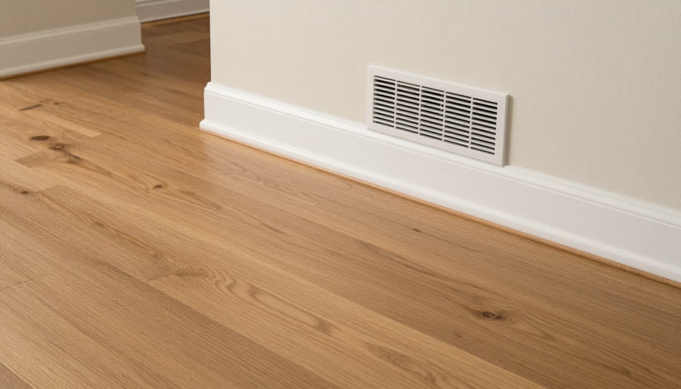 HVAC supply vent above clean baseboards and wide plank oak flooring