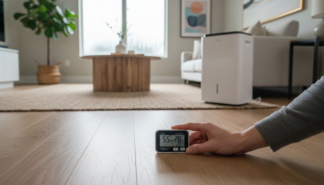 Hygrometer reading around 55% RH on oak floor with dehumidifier nearby