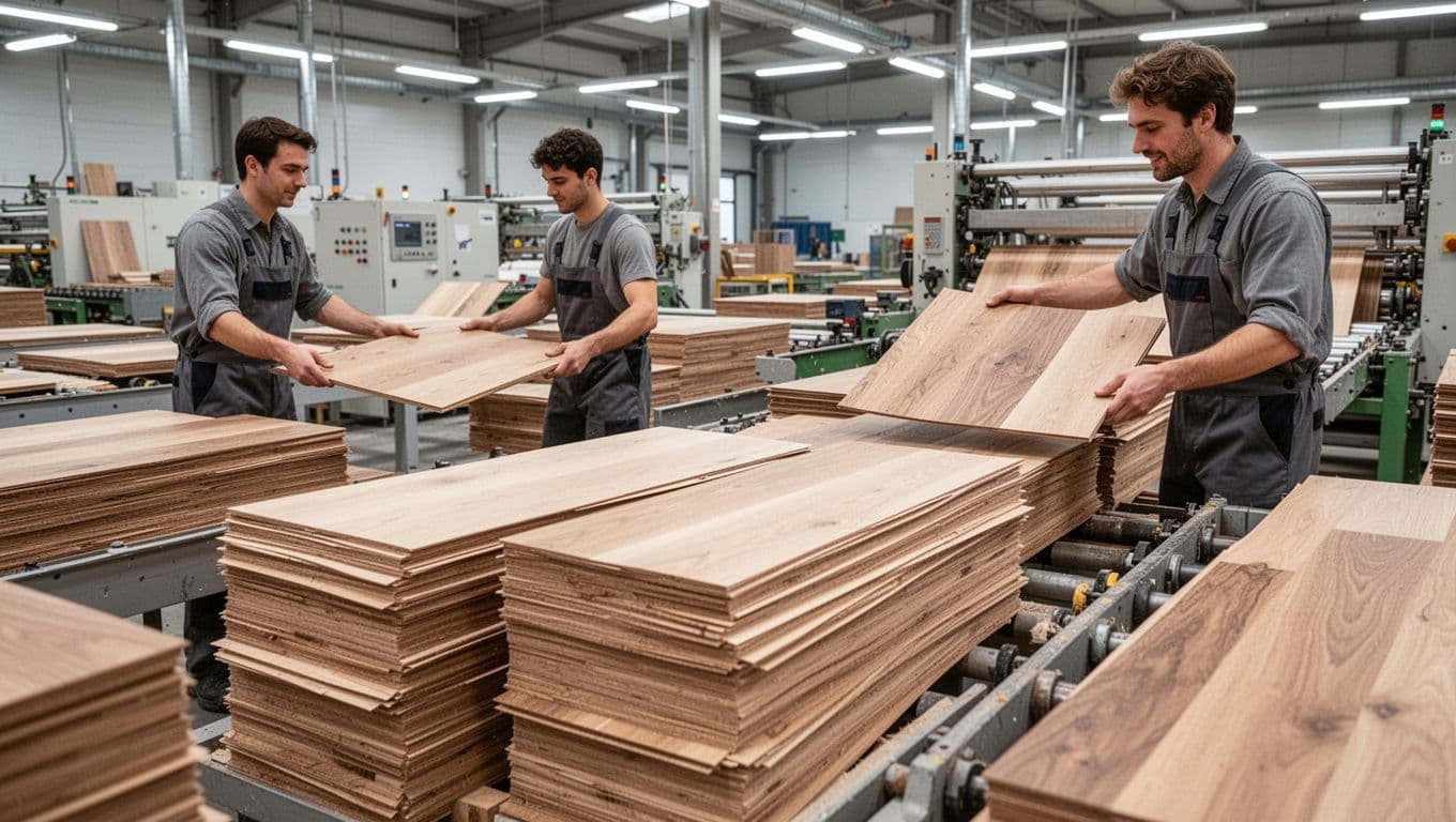 Stacks of thin wood veneer sheets in a modern flooring manufacturing factory, with exactly two workers carefully handling sheets in the background under bright industrial lighting.