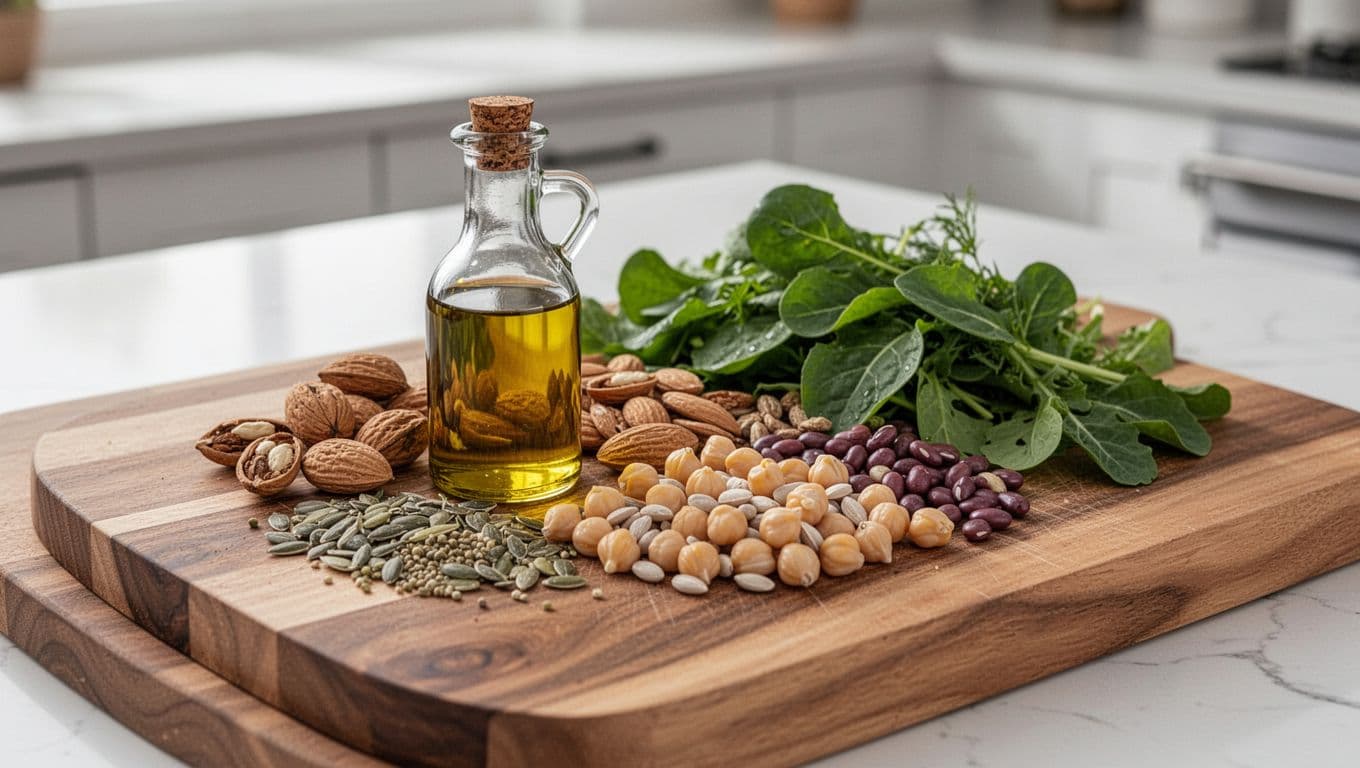 Photorealistic food photography of a wooden cutting board topped with a small bottle of olive oil, handful of nuts, seeds, chickpeas, and leafy greens, captured in natural daylight with shallow depth of field on a clean kitchen background.