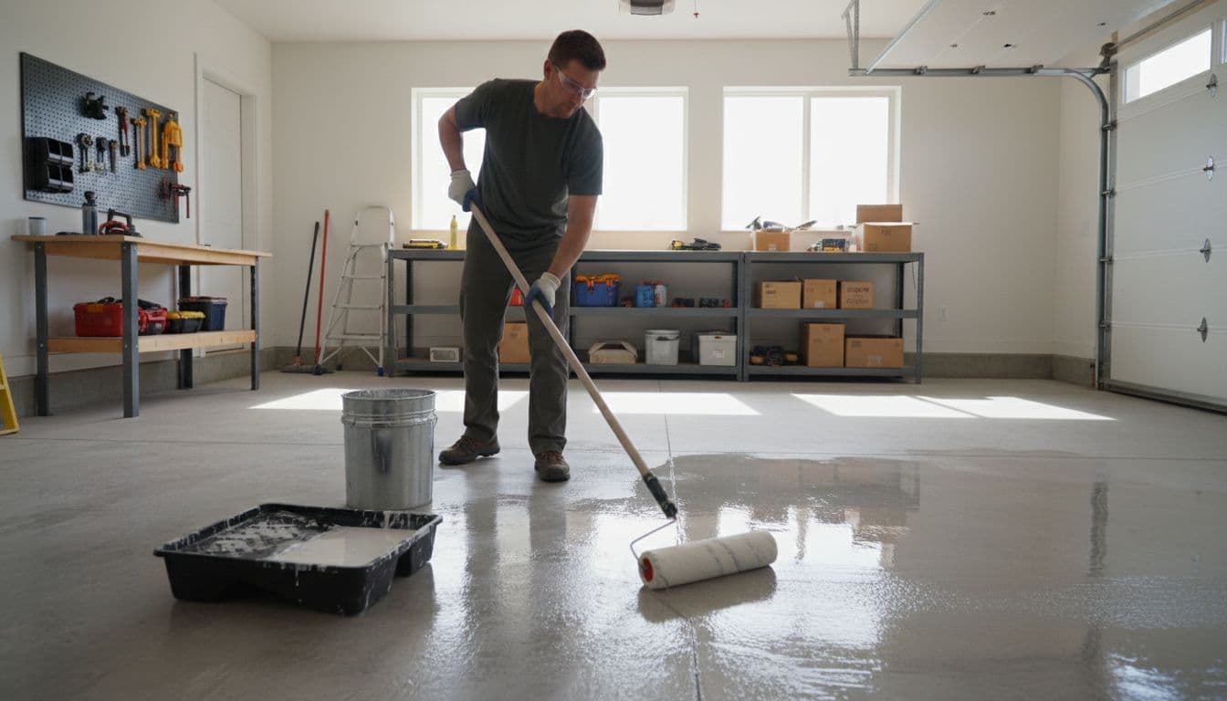 One worker applies shiny wet epoxy coating to a garage concrete floor using a roller, with paint tray and bucket nearby in a spacious garage interior with natural light.
