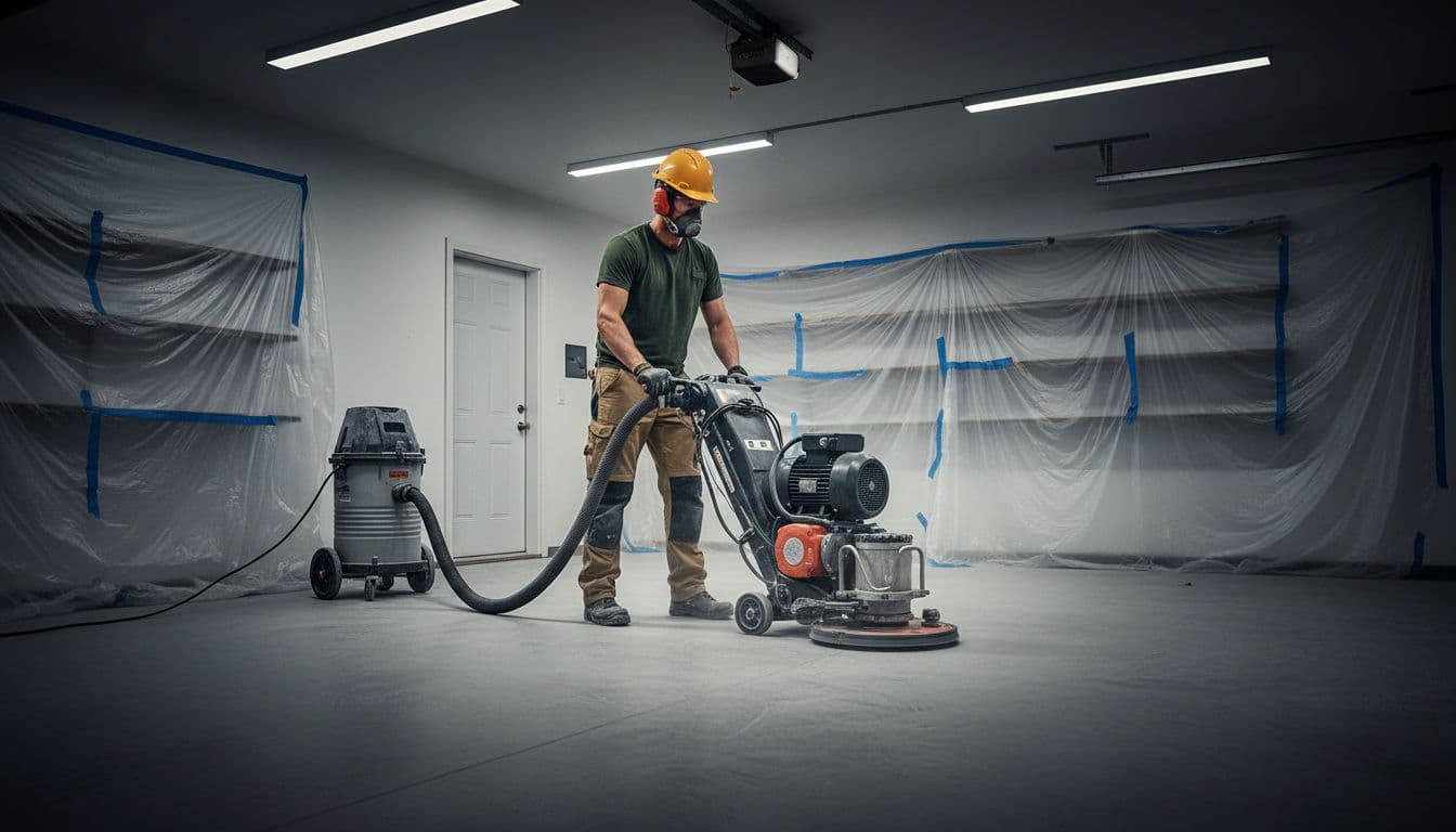 Worker in safety gear operates walk-behind concrete grinder on smooth garage floor with dust sheeting and HEPA vacuum hose.