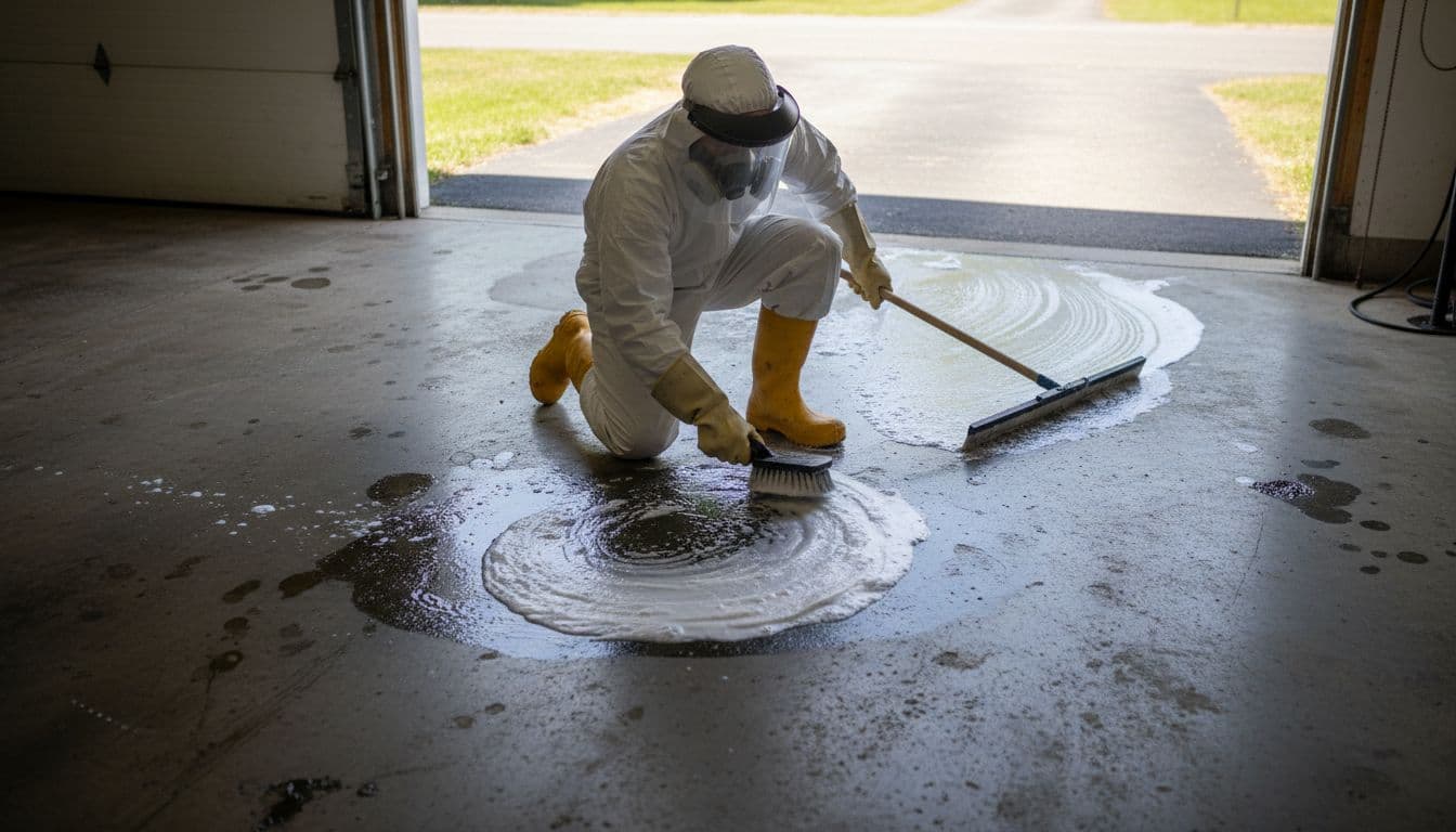 A worker in protective gear scrubs oil stains from a bare concrete garage floor using a stiff brush and degreaser foam, with water rinsing nearby and a squeegee pushing it towards the open garage door letting in daylight.