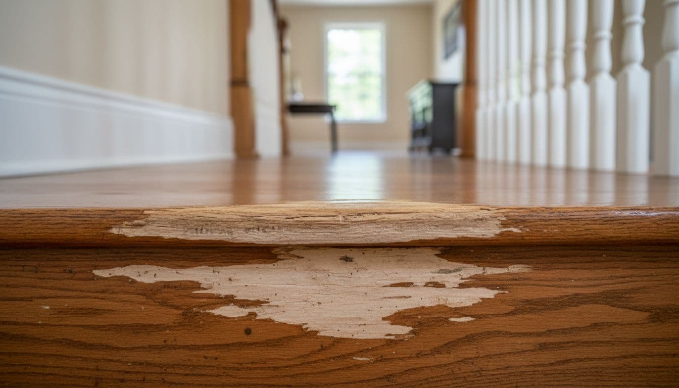 Worn-through finish and exposed raw wood on stair tread