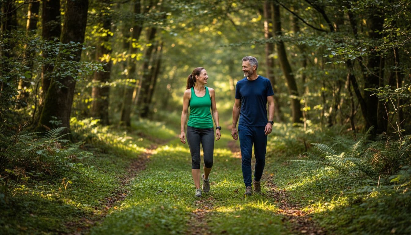 Photorealistic editorial photo of a 35-year-old woman and 45-year-old man walking side-by-side on a grassy forest trail, smiling and talking at a comfortable Zone 2 pace for heart health, wearing breathable sportswear without gadgets.