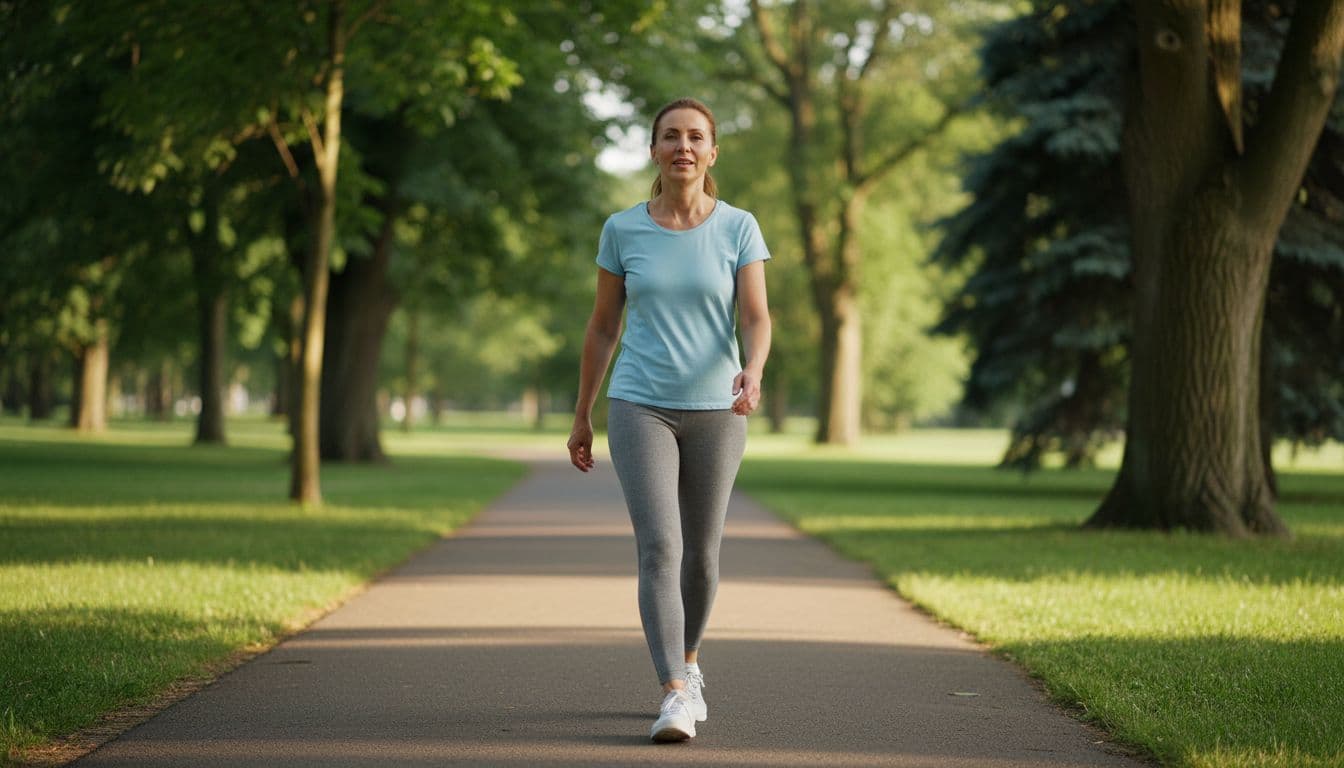 Photorealistic editorial photo of a 40-year-old woman walking briskly in Zone 2 on a flat park path during early morning soft sunlight, with relaxed posture, natural arm swing, and no gadgets.
