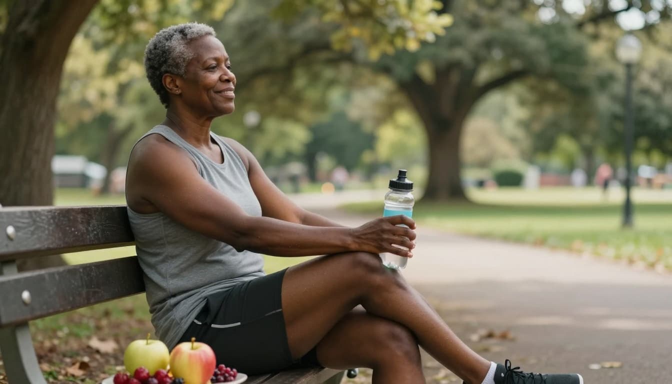 Photorealistic editorial photo of a middle-aged person relaxed on a park bench after a 30-minute walk, with water bottle and fresh fruits like apple and berries, highlighting post-exercise recovery and heart-healthy eating.