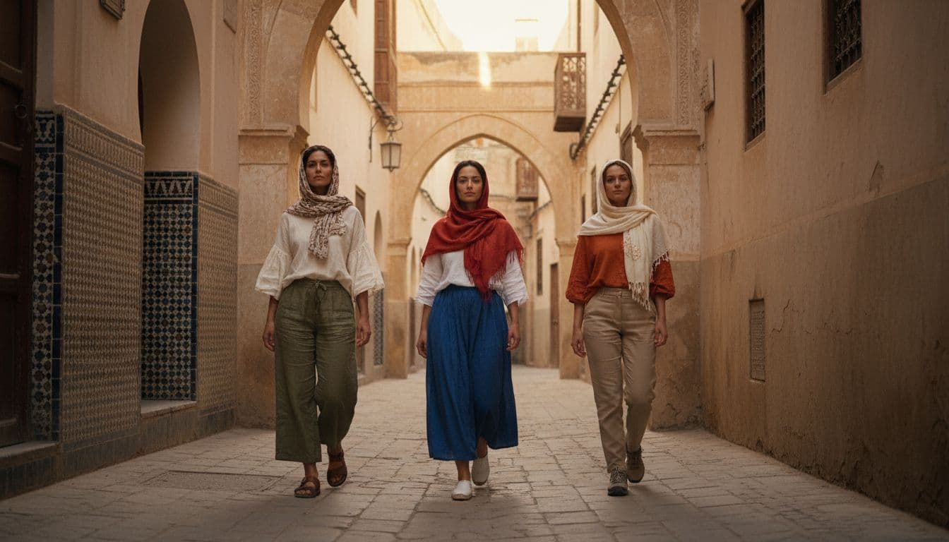 Three women in breathable skirts pants loose tops scarves and walking shoes stroll through narrow sunlit Fes medina alley.